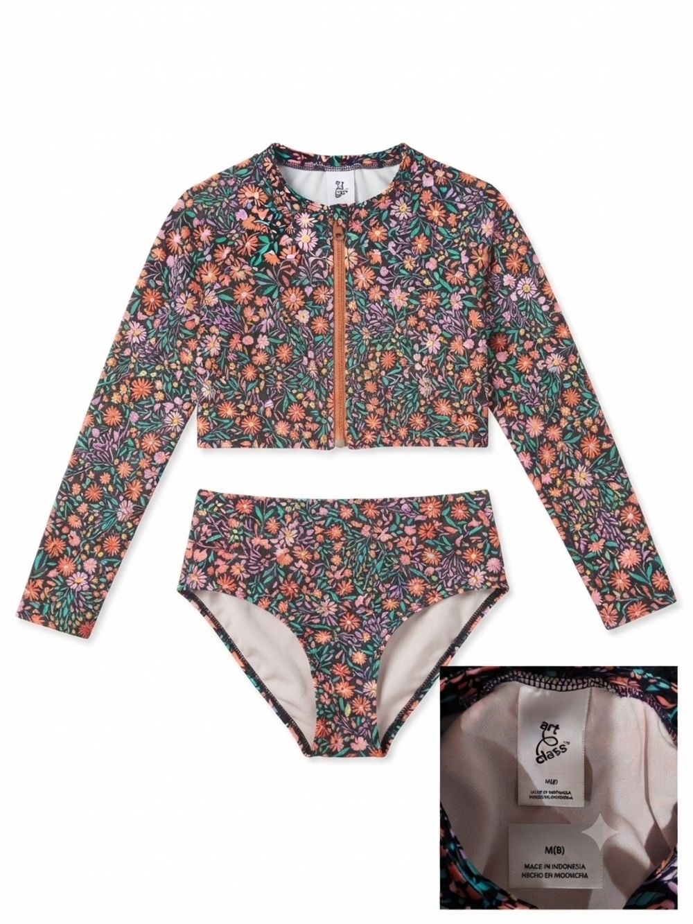 art class Floral Long-Sleeve Rash Guard Set - Pink/Green/Orange